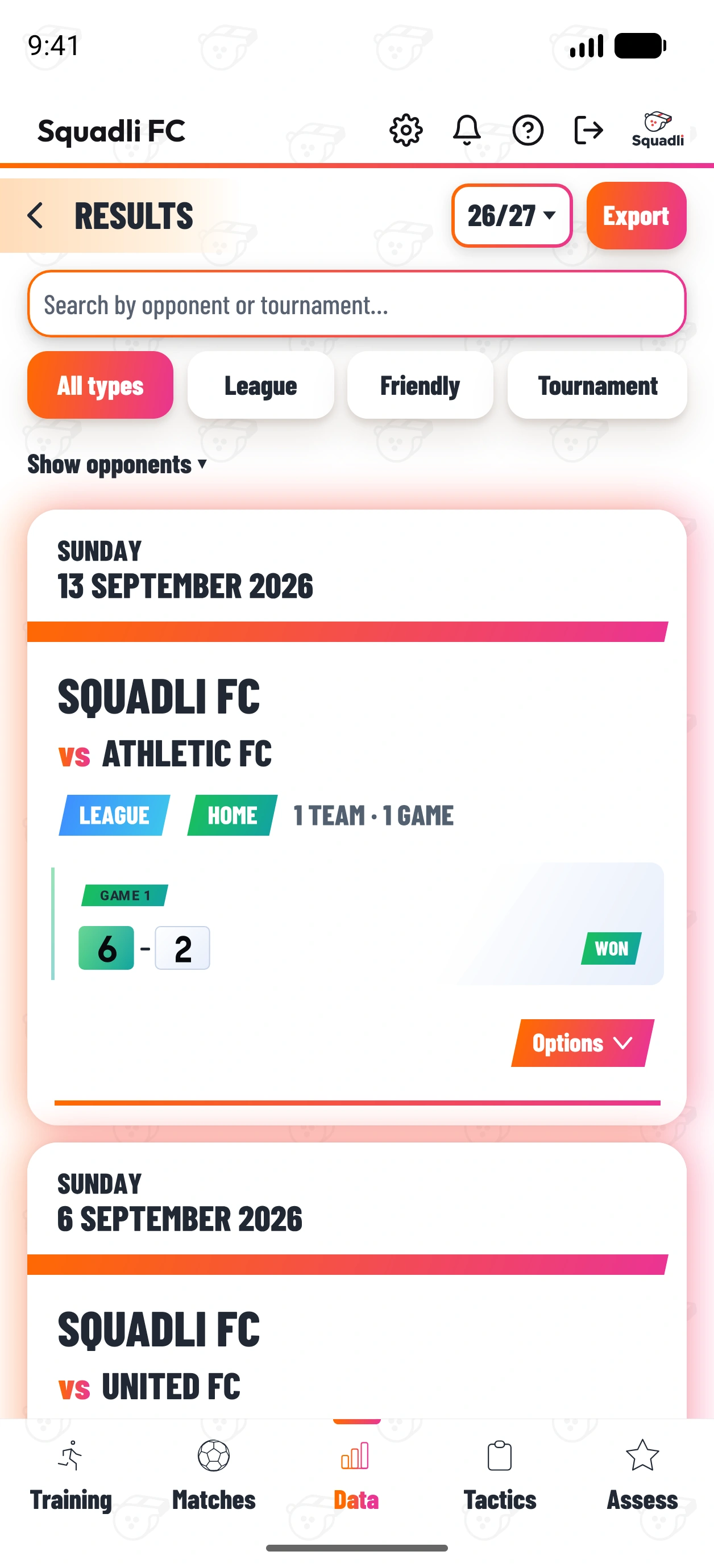 The current Results destination with completed match cards and export controls