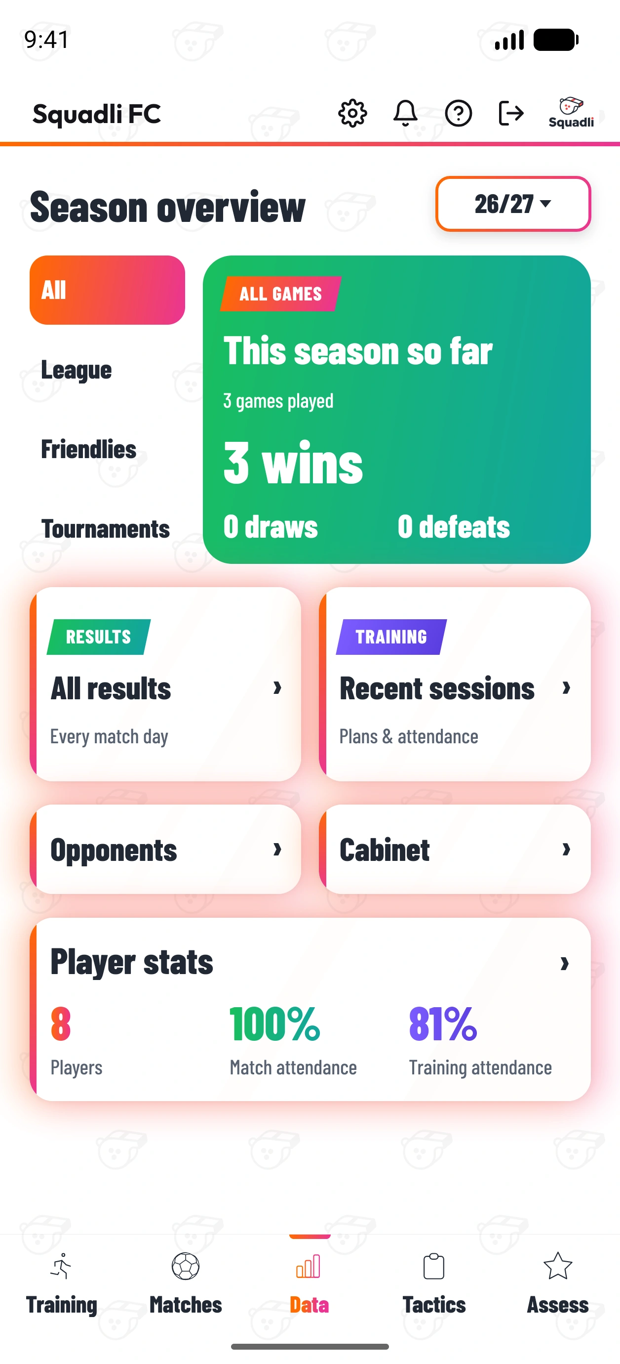 The current Season overview with Results, Training, Opponents, Cabinet and Player stats