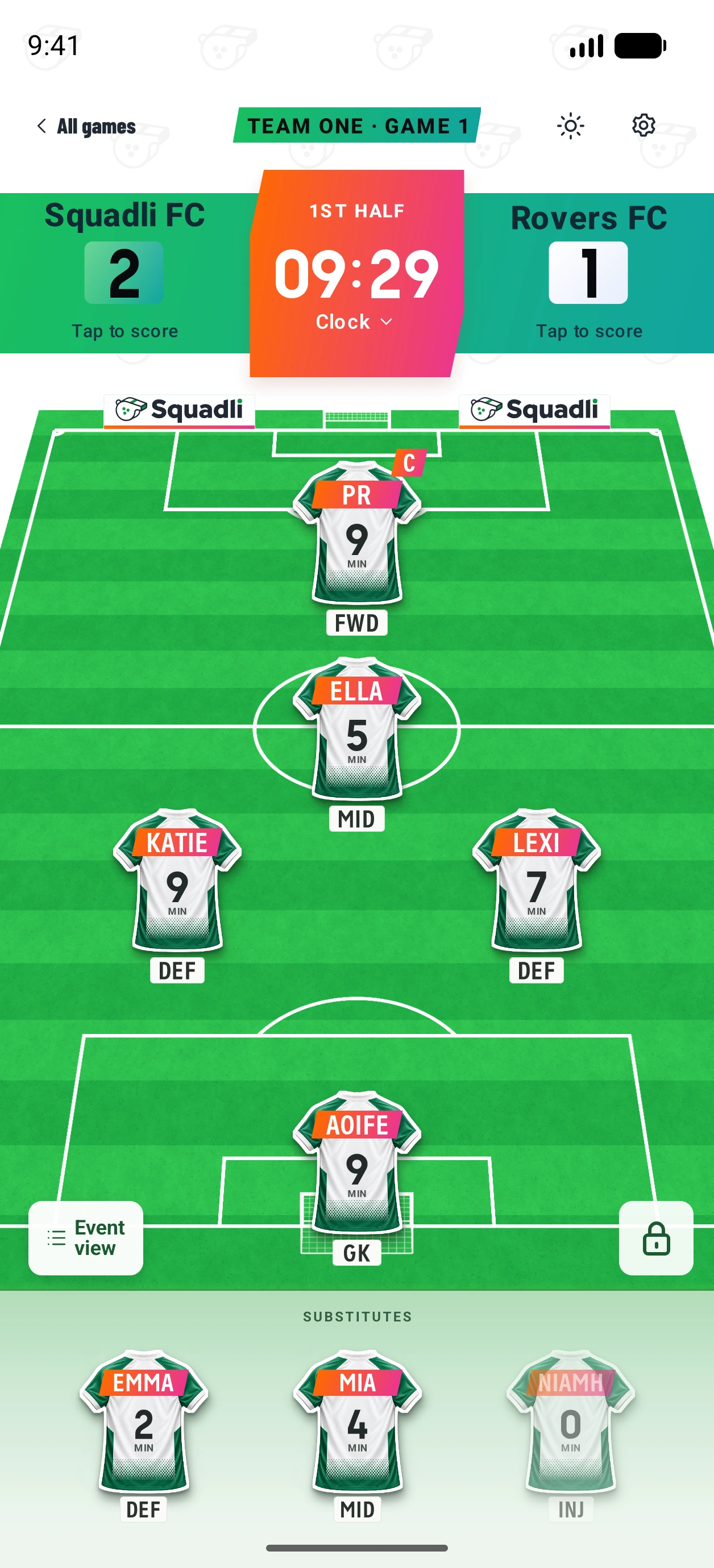 Squadli FC leading Rovers FC 2-1 at 09:29, with individual player minutes on the jerseys