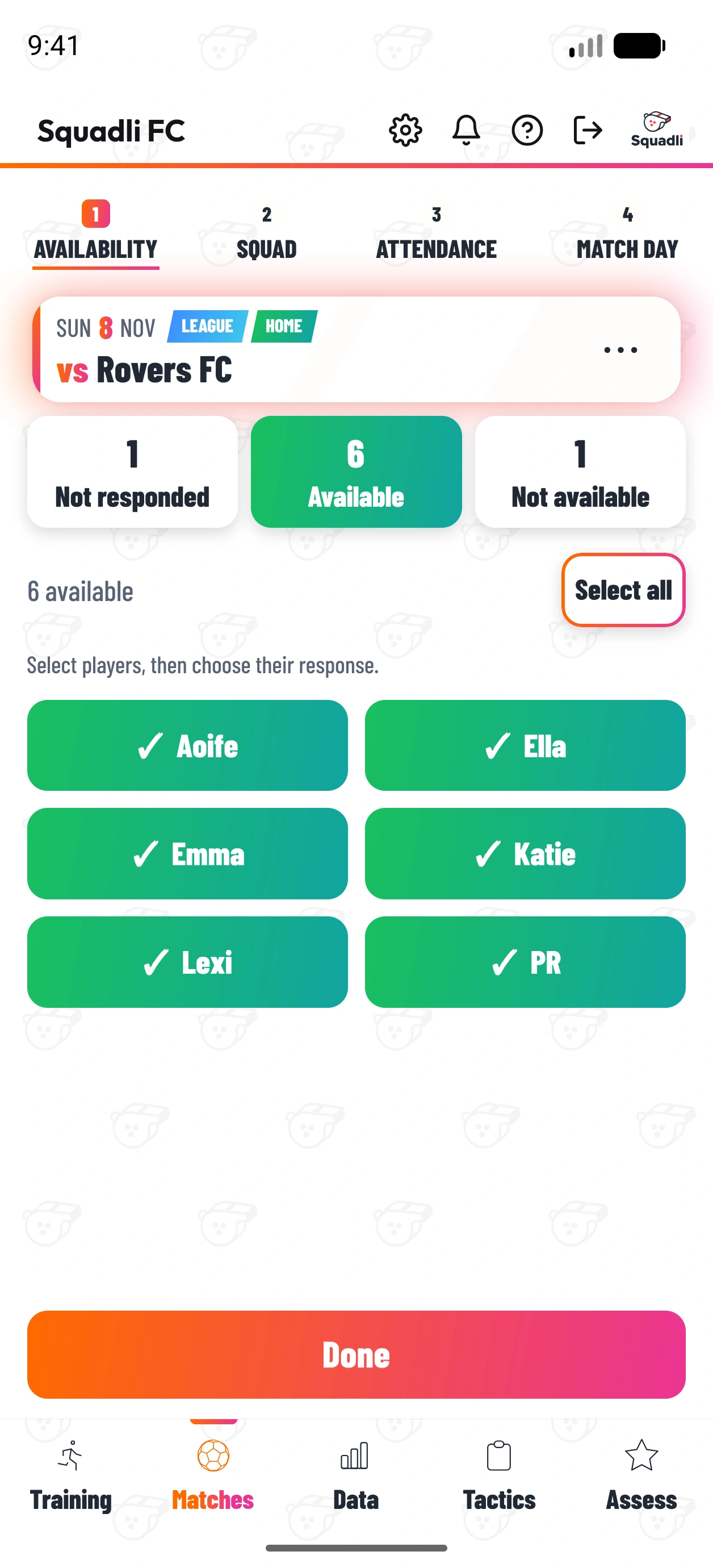 Current match availability with six available players and one response still to come