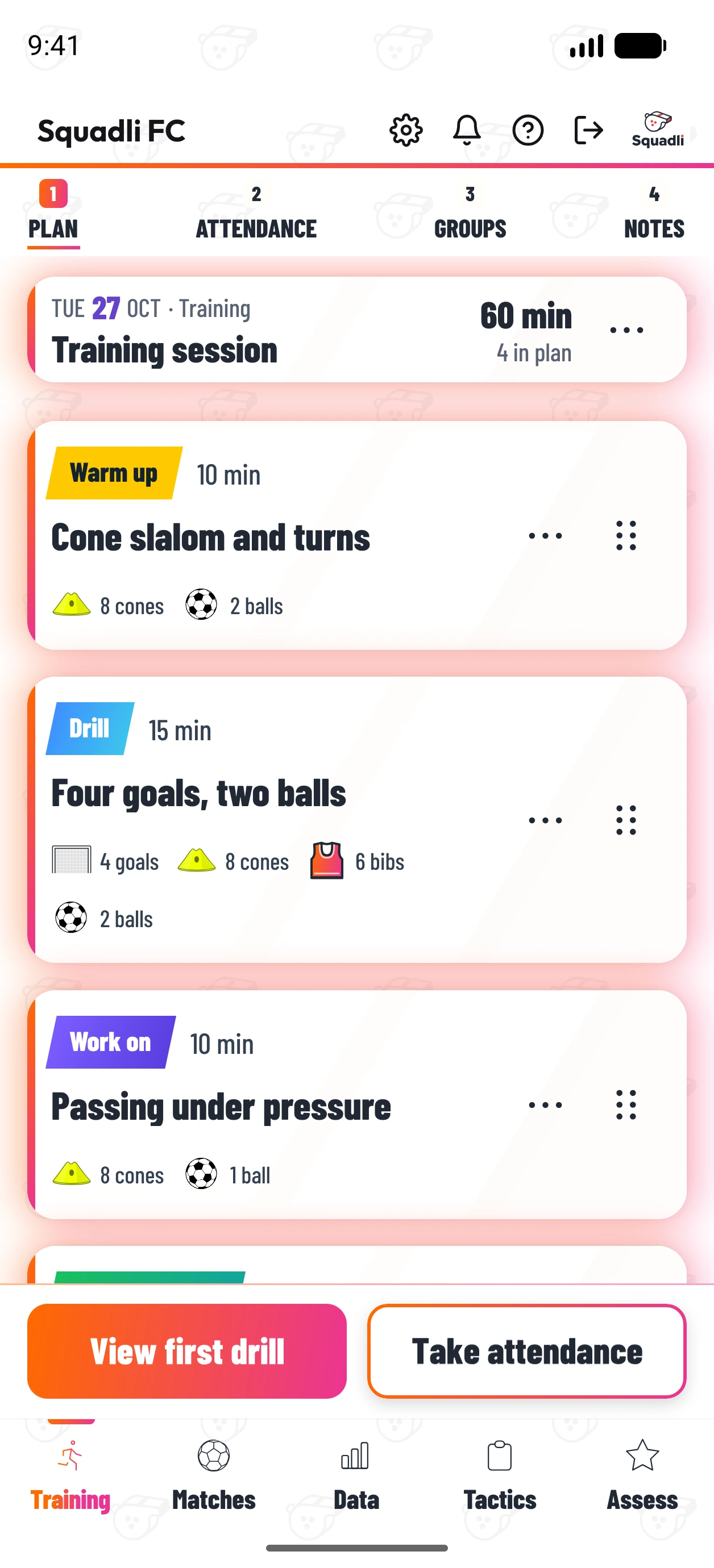 Training session plan with drills and timings