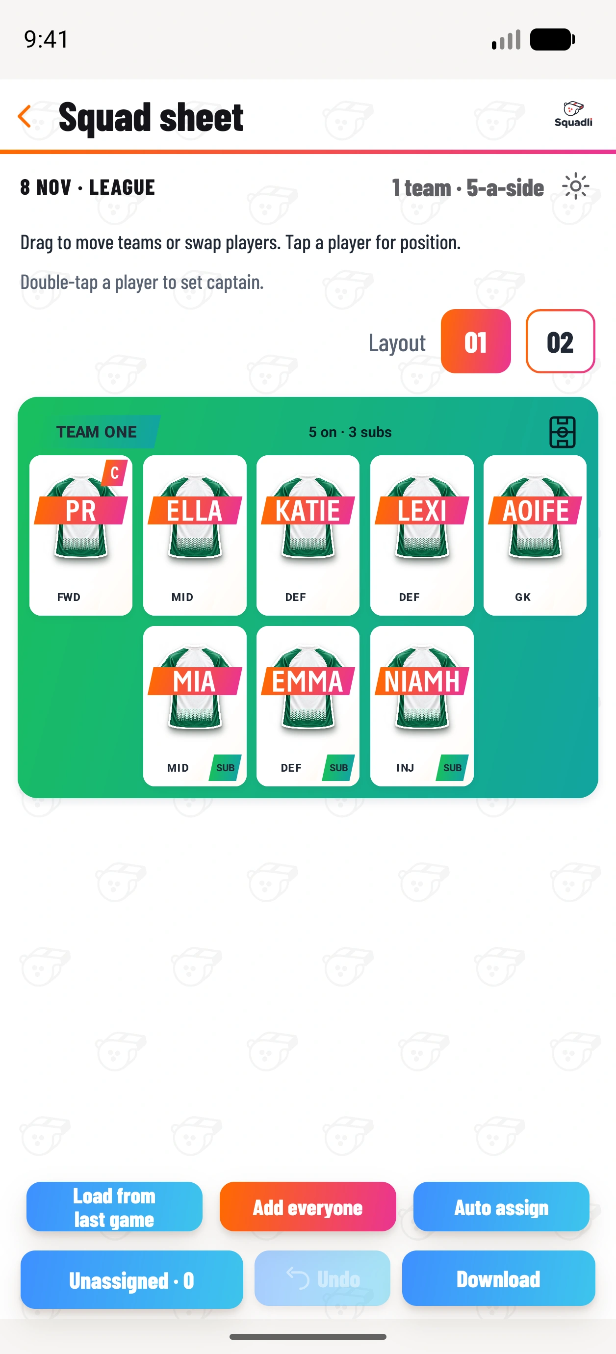 Current squad sheet with PR as captain, player positions and three substitutes