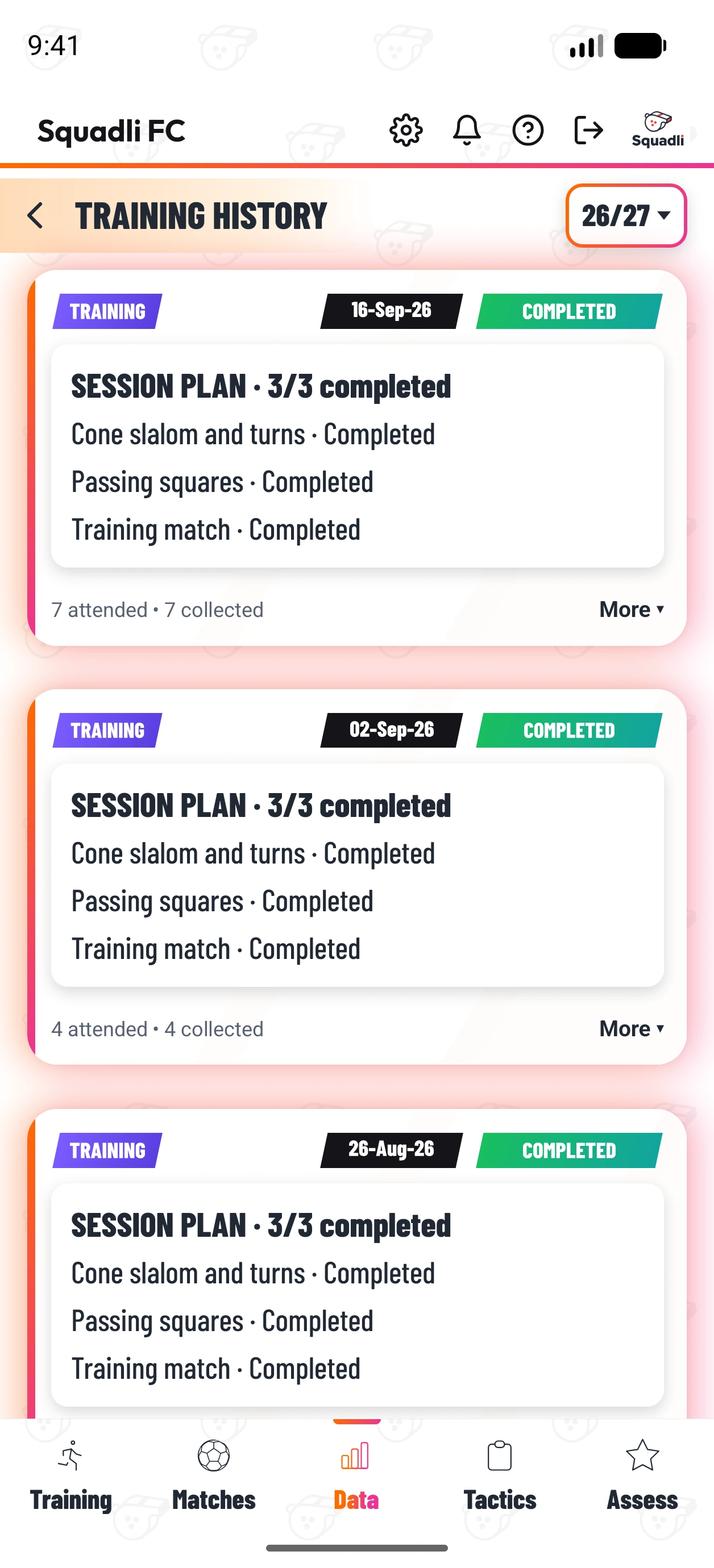 Training history showing completed warm ups, drills and training matches